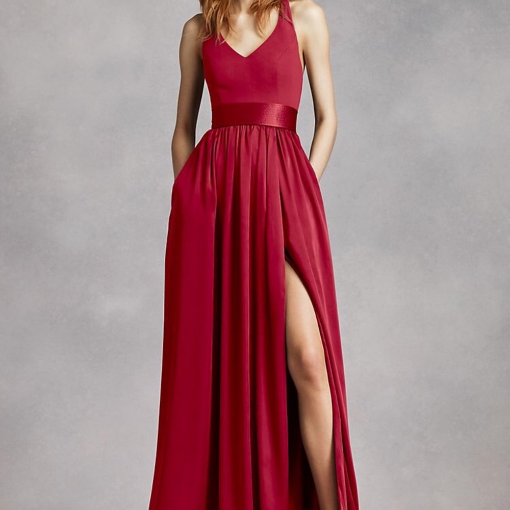 David’s Bridal V Neck Long Halter Bridesmaid Dress